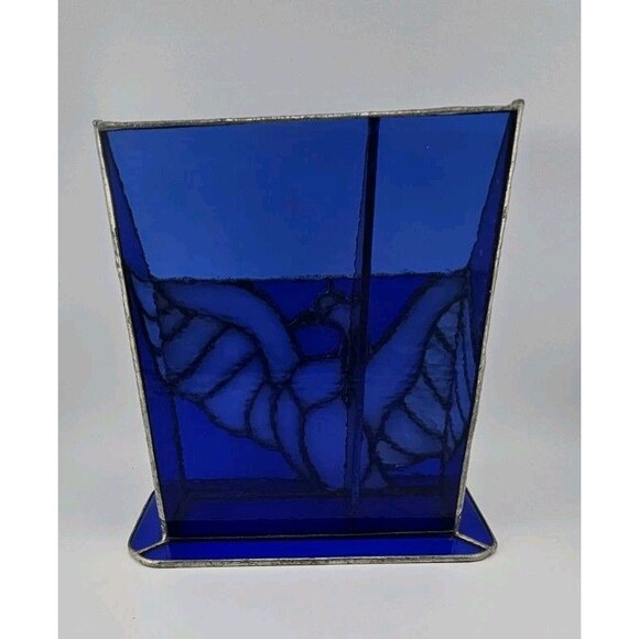 Hand Crafted Sturdy Stained Glass Blue and Milky White Translucent Glass, RH 84 - Picture 2 of 11